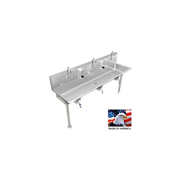 Best Sheet Metal. BSM Inc. Stainless Steel Sink, 3 Station w/Knee Valve Operated, Straight Legs 72"L X 20"W X 8"D 032K72208L - main
